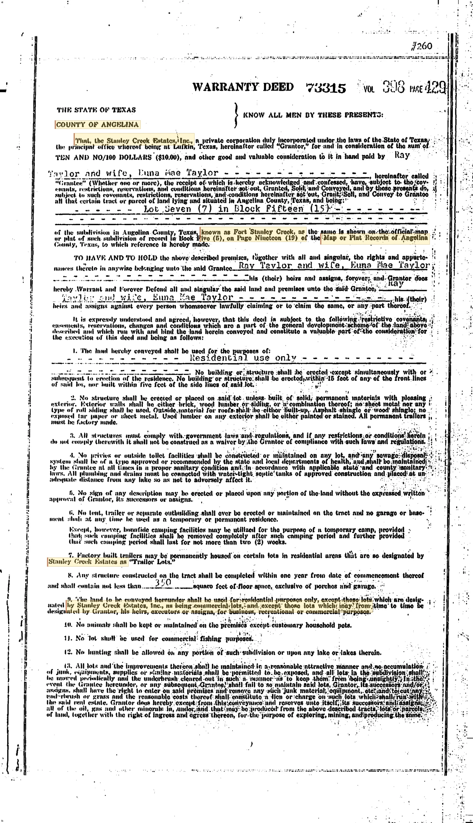 Fort Stanley Creek Subdivision Sections 18, 24 & 29 Recorded Lot Deed & Reservation