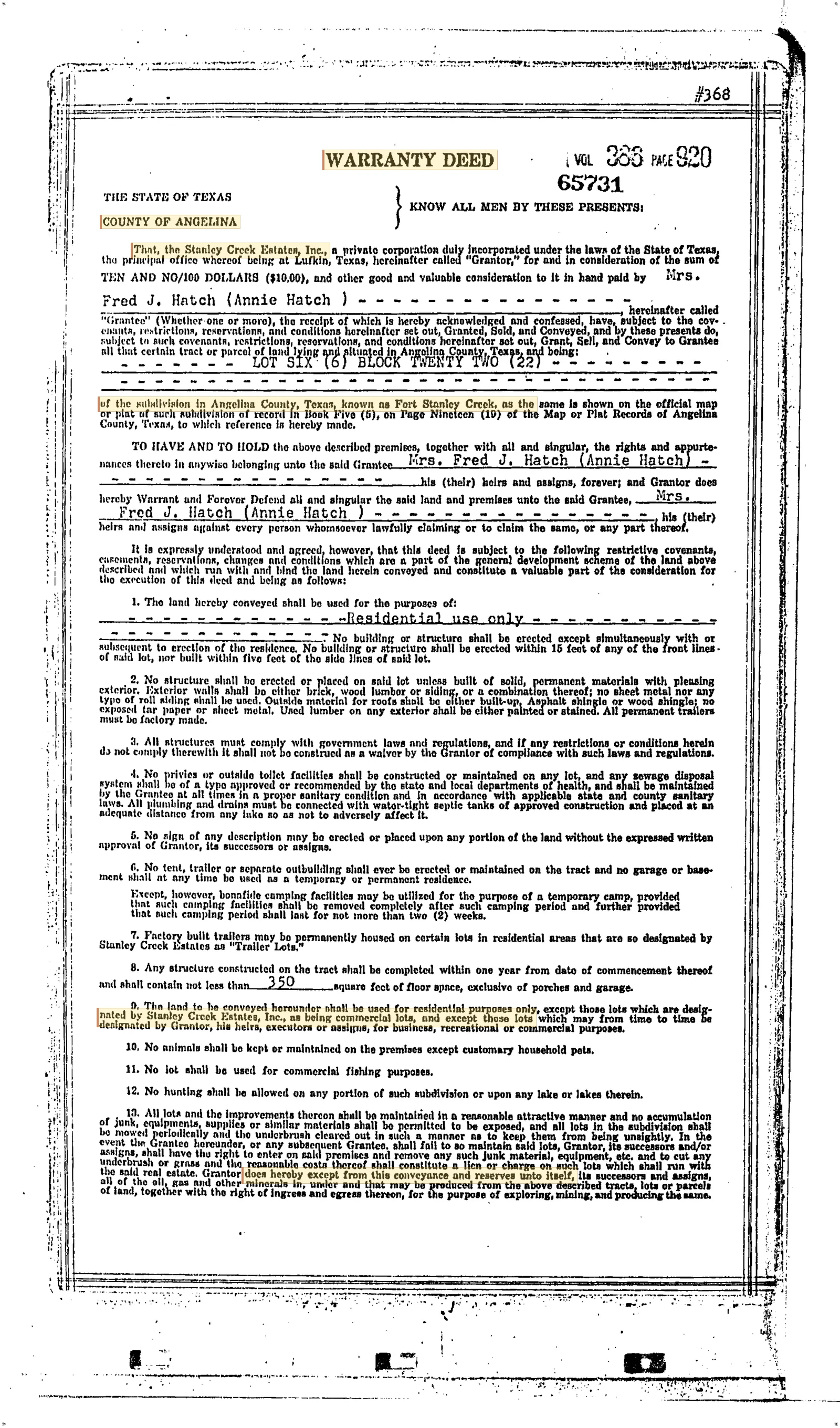 Fort Stanley Creek Subdivision Recorded Lot Conveyance & Subdivision Restrictions
